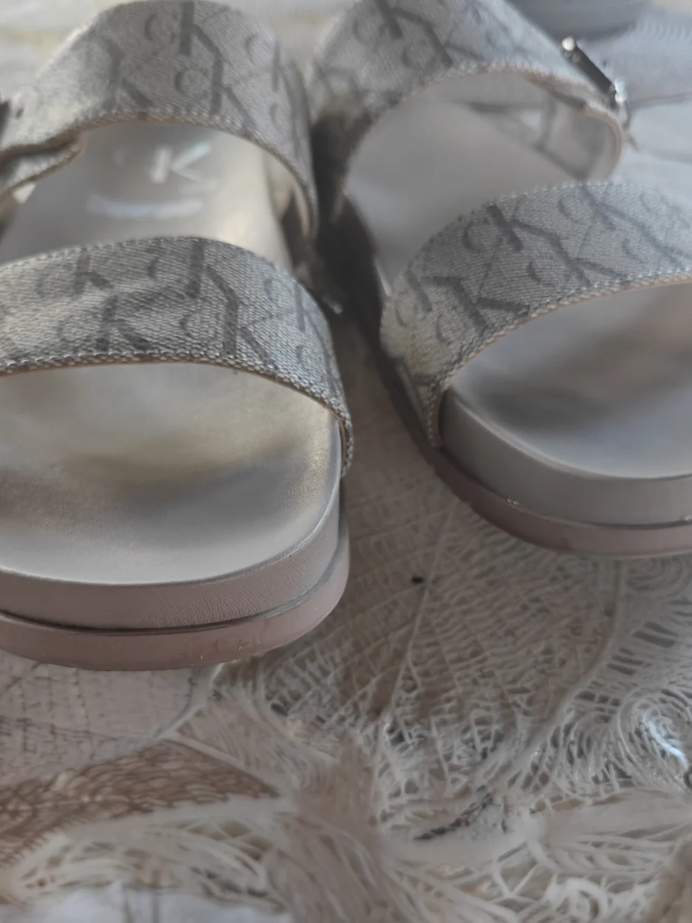 Calvin Klein Women's Beige Logo Double-Strap Slide Sandals
